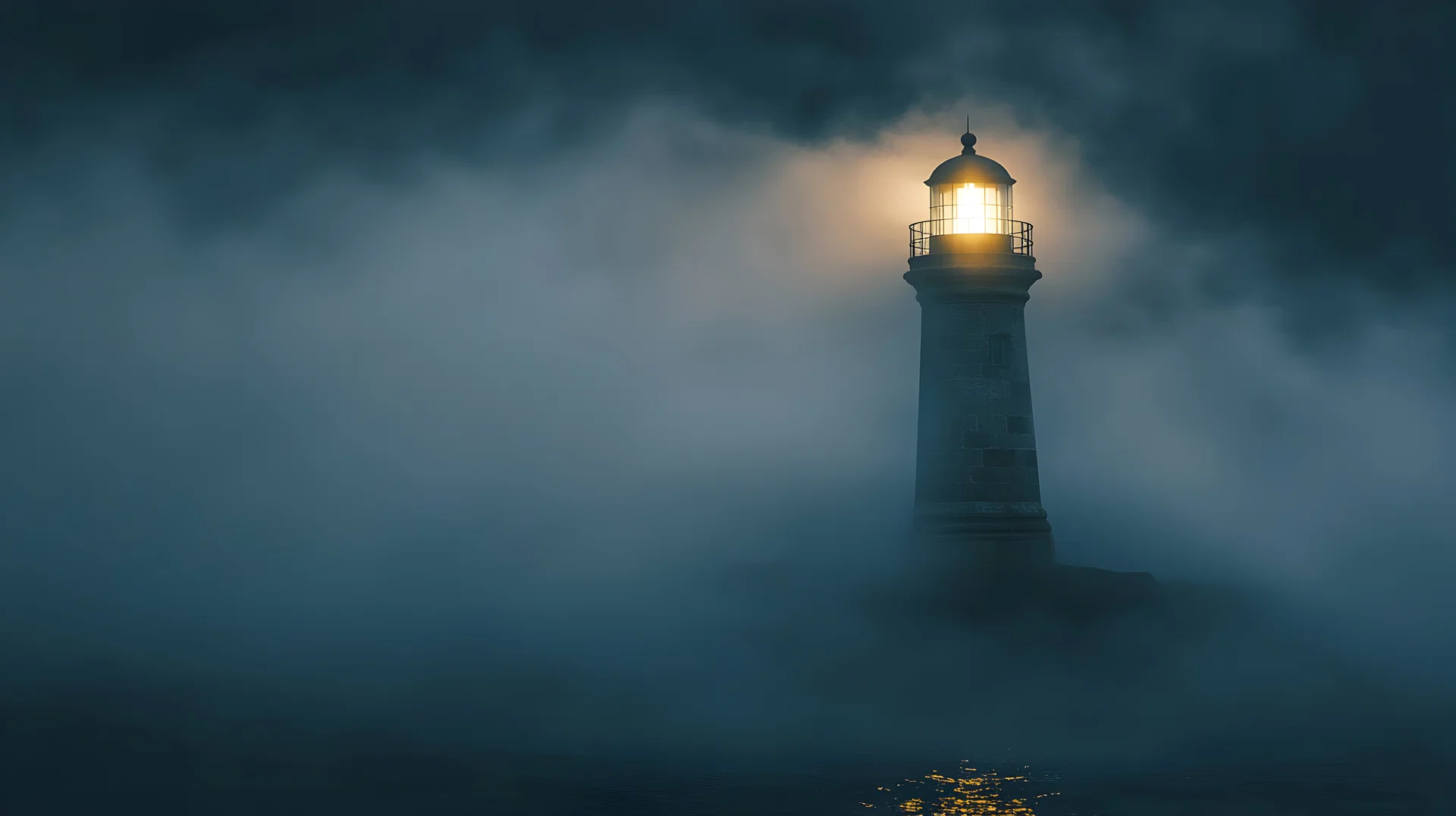 Leuchtturm mit hellem Licht im dichten Nebel über dunklem Meer