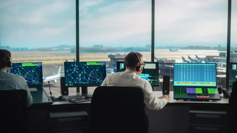 Fluglotsen mit Headsets an Radarbildschirmen im Tower, dahinter das Flugfeld
