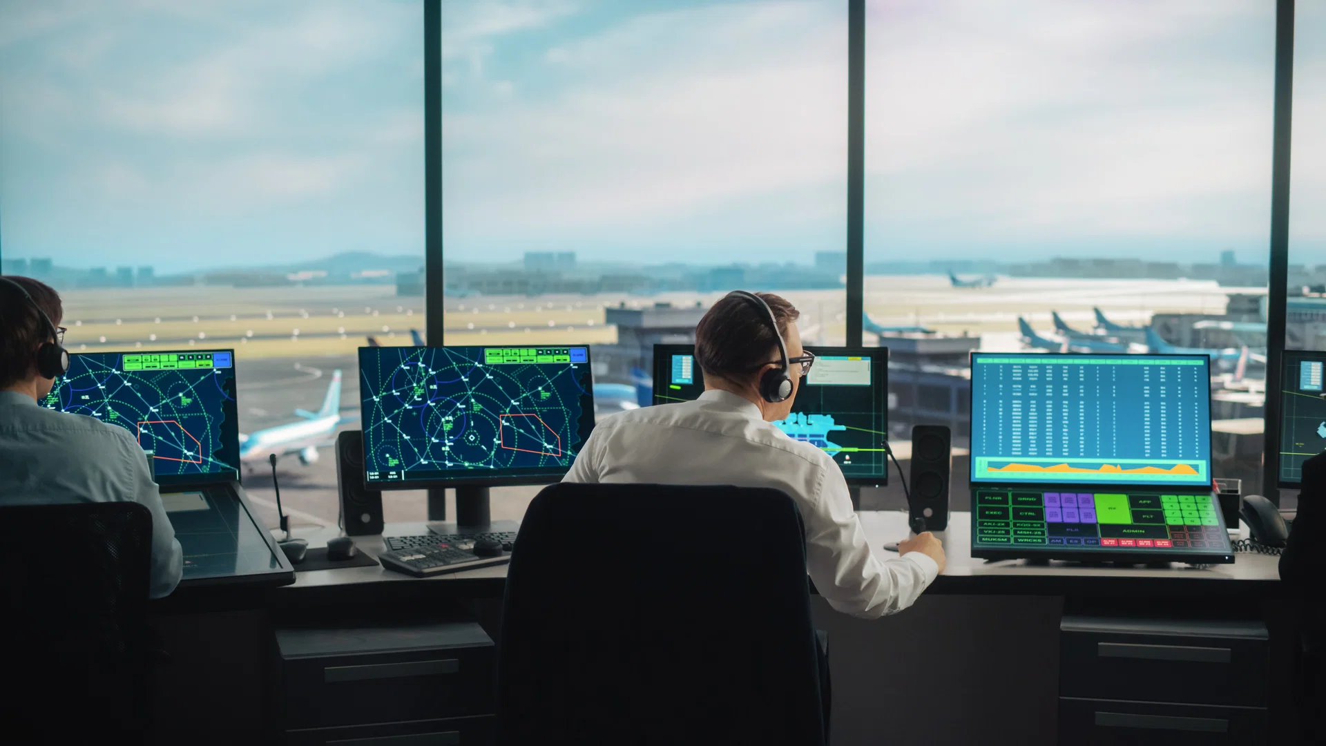 Fluglotsen mit Headsets an Radarbildschirmen im Tower, dahinter das Flugfeld