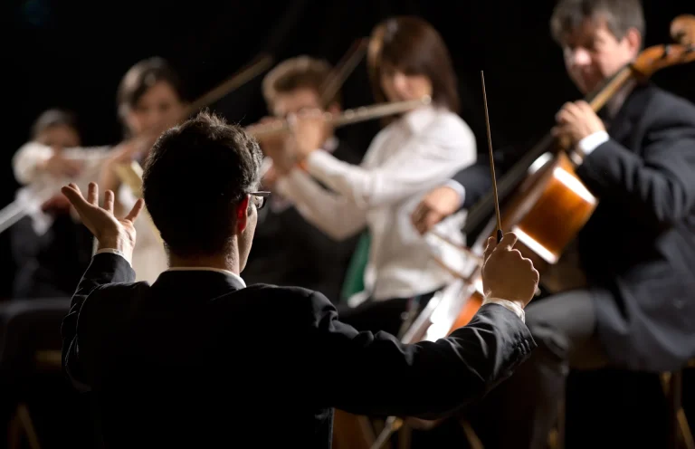 Dirigent von hinten vor einem Orchester mit Querflöten und Cello