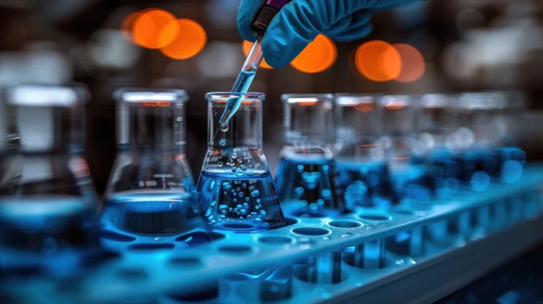 Hand mit Pipette über einem Erlenmeyerkolben mit blauer Flüssigkeit im Labor