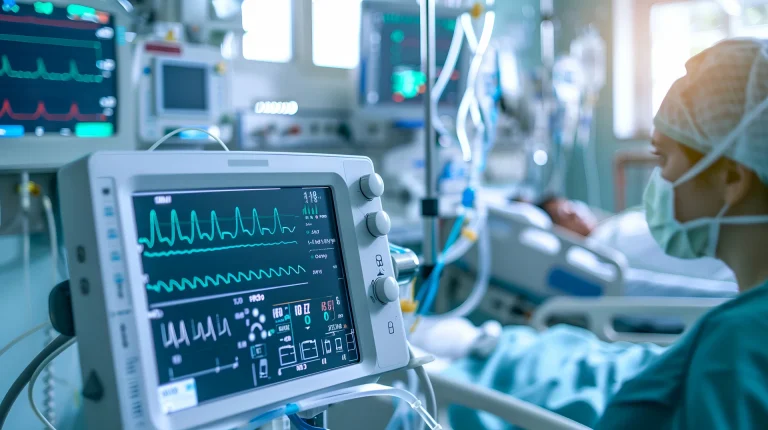 Patientenmonitor mit Herzkurven im Spitalzimmer, daneben eine Person mit Haube und Mundschutz, dahinter ein Patient im Bett