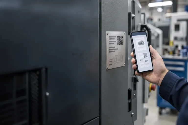 Hand mit Smartphone scannt den QR-Code auf dem Typenschild einer Maschine - digitale Betriebsanleitung direkt am Produkt