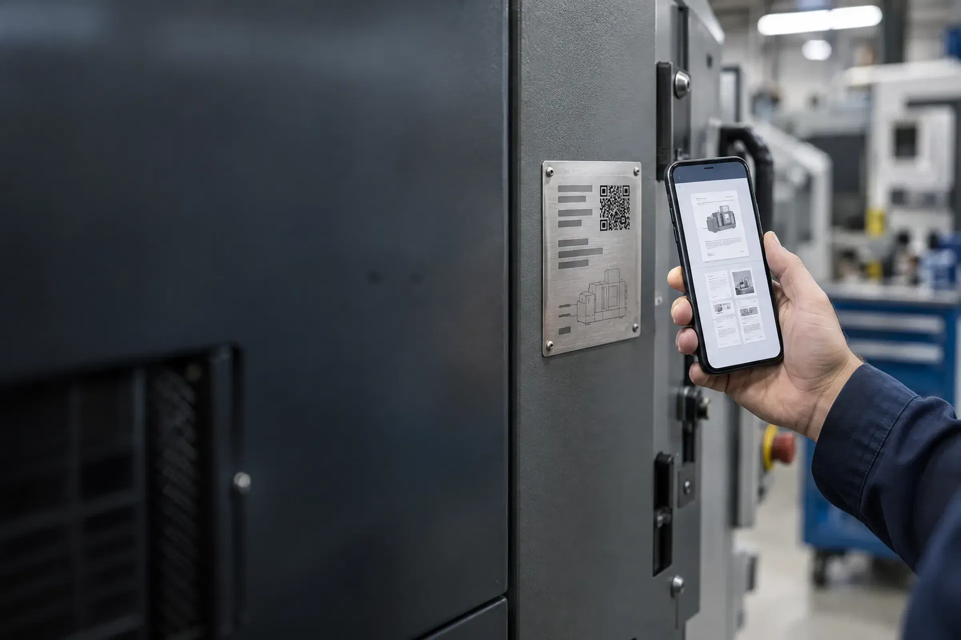 Hand mit Smartphone scannt den QR-Code auf dem Typenschild einer Maschine - digitale Betriebsanleitung direkt am Produkt