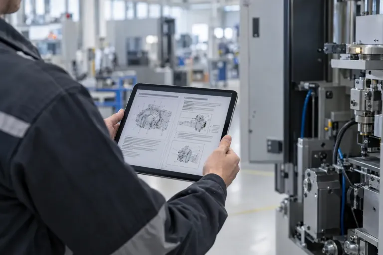 Techniker liest an der Maschine eine digitale Betriebsanleitung mit technischen Zeichnungen auf dem Tablet