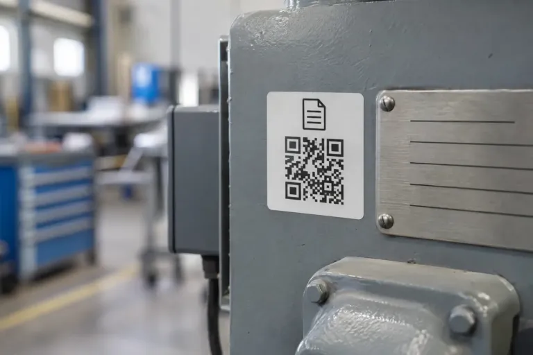 QR-Code-Etikett mit Dokumentsymbol neben dem Typenschild einer Maschine - Zugang zur digitalen Betriebsanleitung