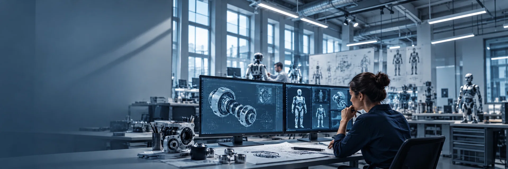 Frau prüft 3D-Konstruktionsdaten am Bildschirm in einer modernen Fertigungshalle mit Robotern
