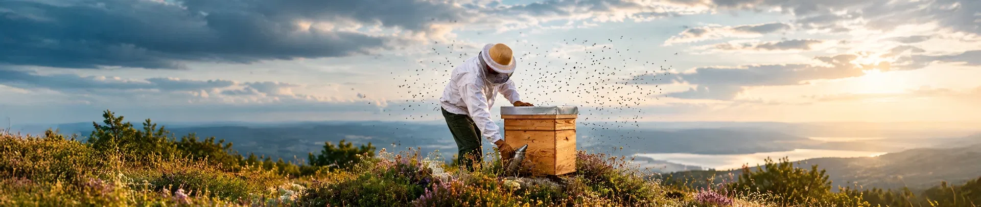 Imker an einem Bienenkasten auf einer Bergwiese im Abendlicht