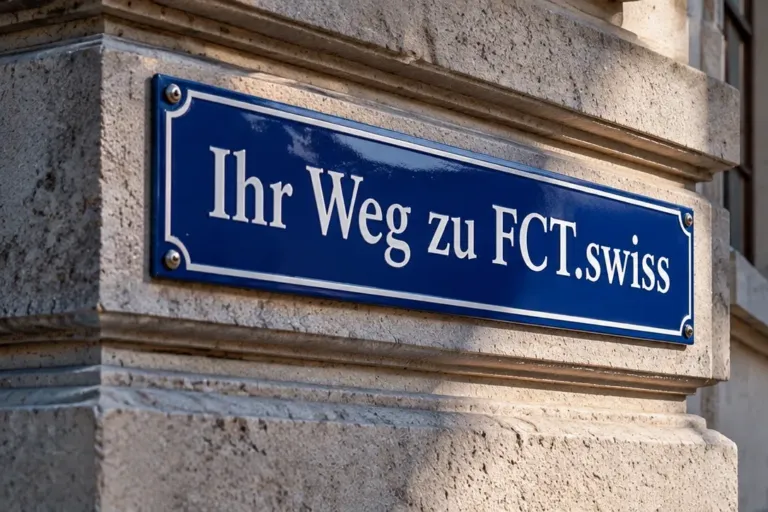 Strassenschild «Ihr Weg zu FCT.swiss» an einer Hausecke aus Sandstein