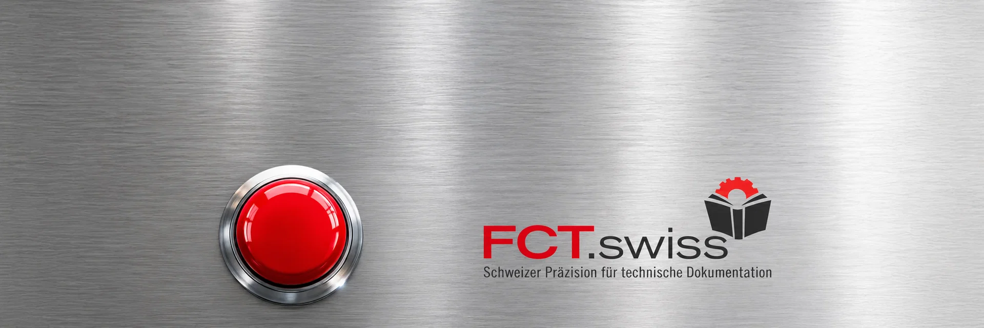 Roter Knopf auf gebürstetem Metall neben dem Logo von FCT.swiss