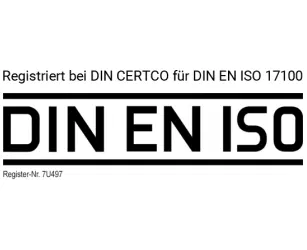 DIN CERTCO: registriert für DIN EN ISO 17100, Register-Nr. 7U497