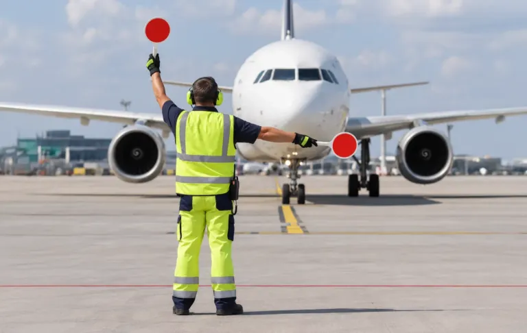 Flugzeugeinweiser lotst ein Passagierflugzeug auf dem Vorfeld
