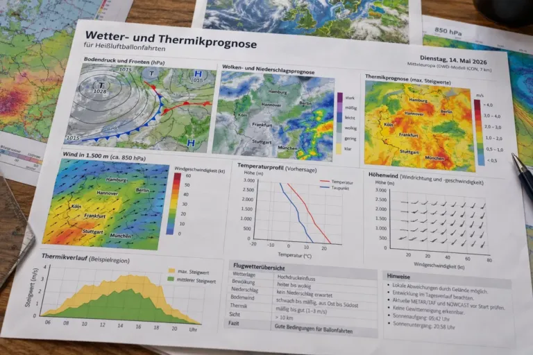 Wetter- und Thermikprognose für Heissluftballonfahrten auf einem Tisch