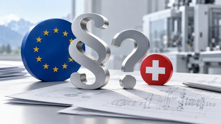 EU-Flagge, Paragrafenzeichen, Fragezeichen und Schweizer Kreuz auf technischen Zeichnungen einer Maschine